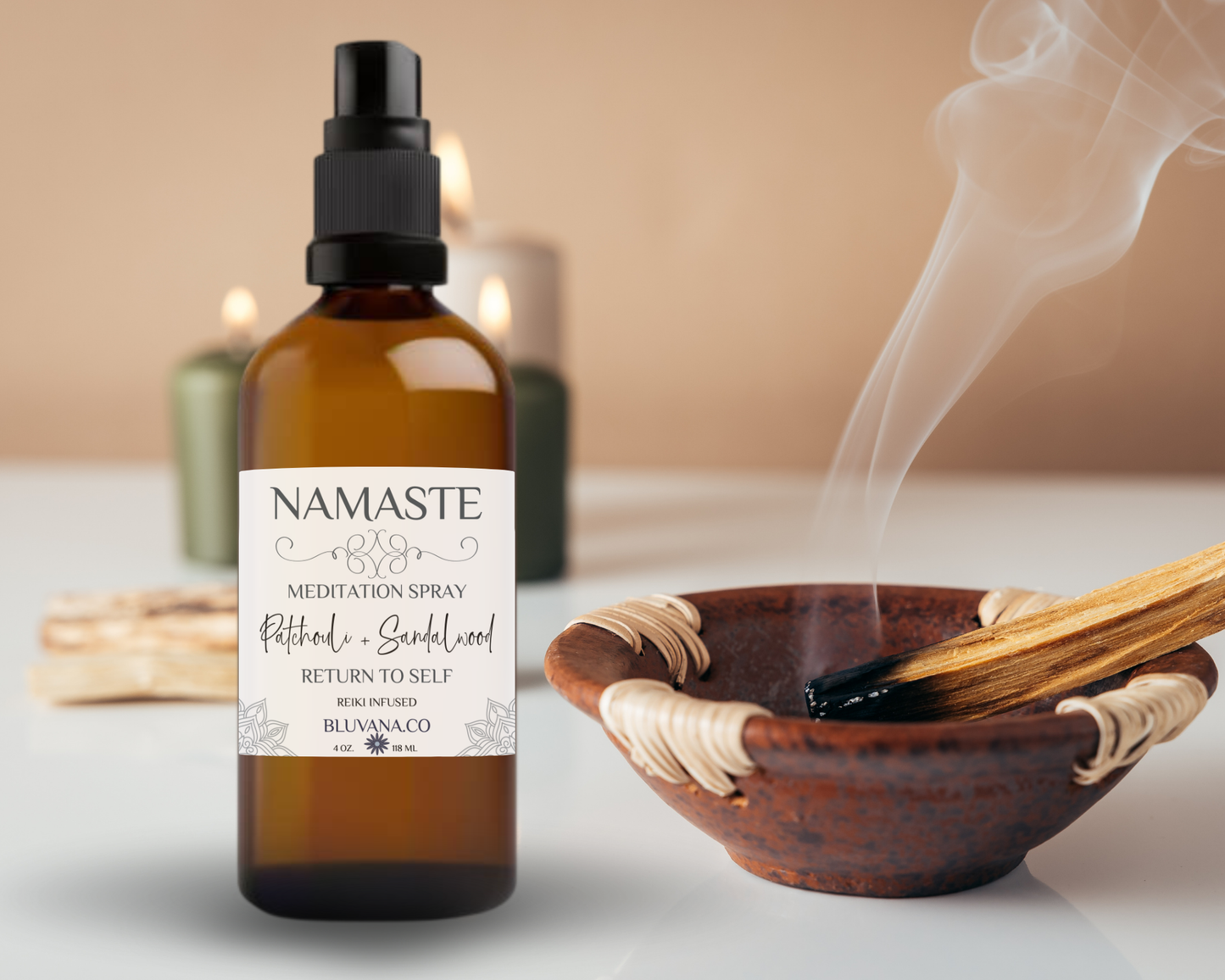 Namaste meditation spray bottle with incense and smoke on a neutral background