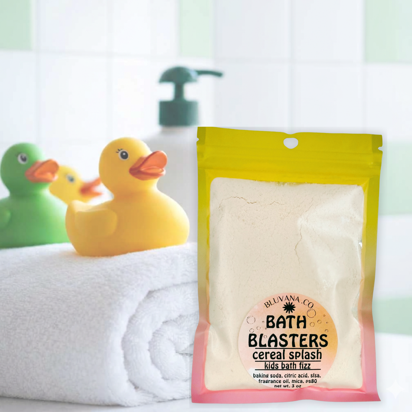 Image of a colorful bath fizz package sitting on edge of a bathtub with a yellow rubber duck next to it.