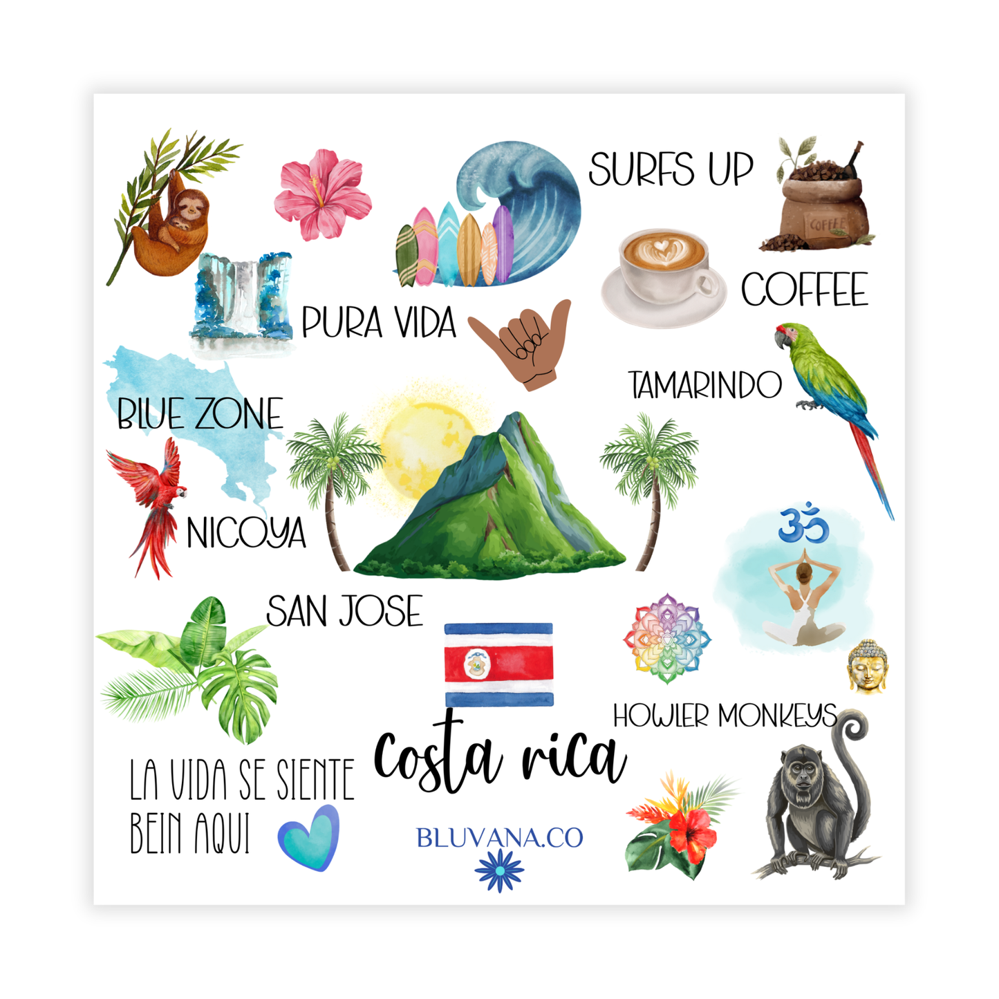Illustrated candle label of Costa Rica with various symbols and text on a white background