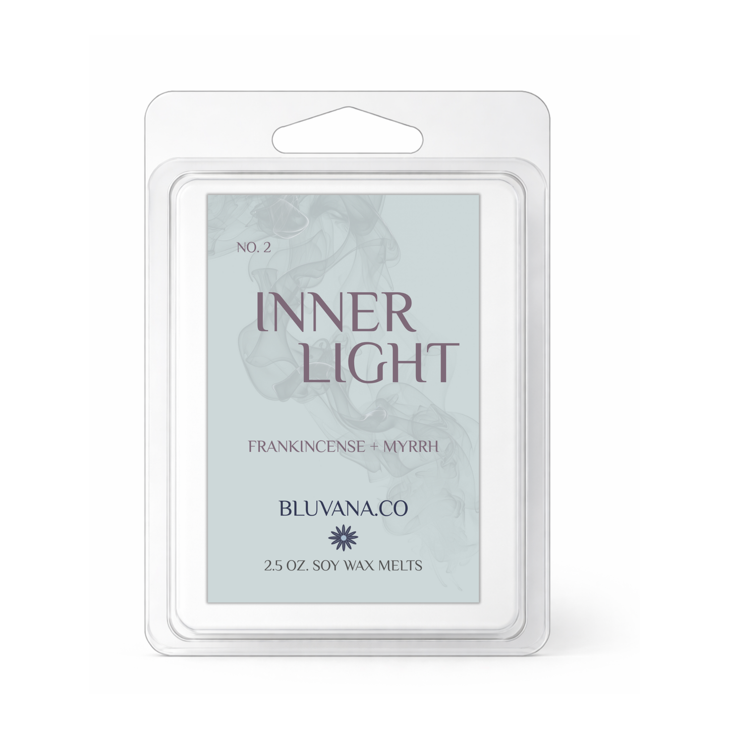 Bluvana Co. soy wax melt package labeled 'Inner Light' with frankincense and myrrh on a white background