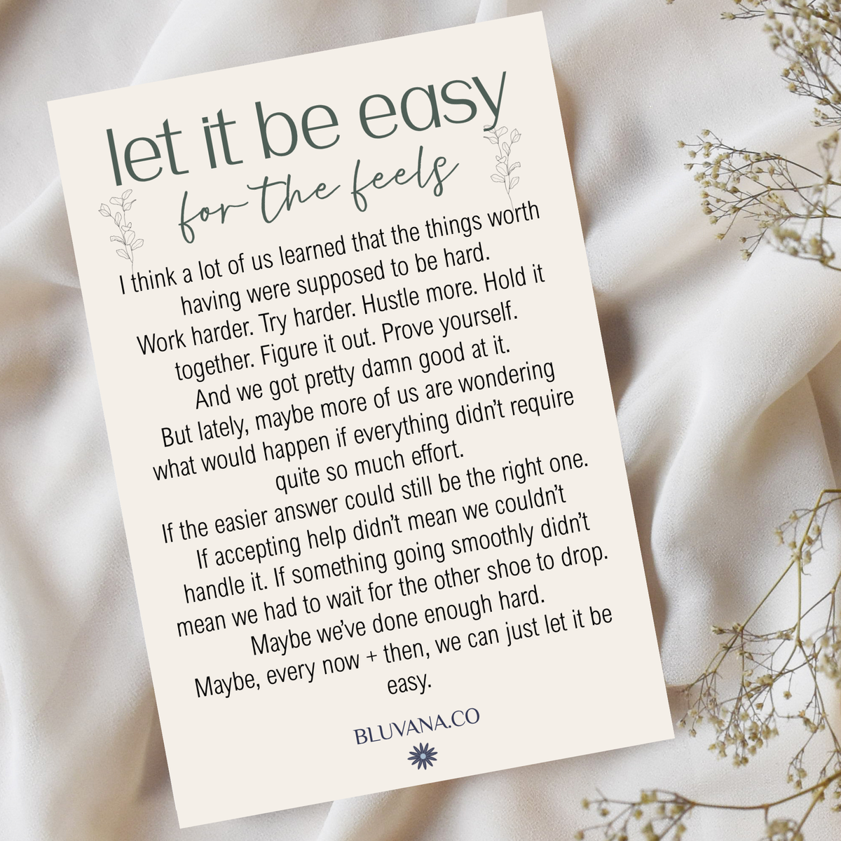 Image portrays a 4x6 postcard with a funny message with humor, that is titled Let It Be Easy for real life.