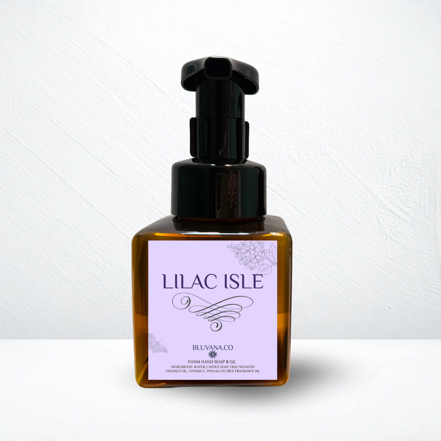 Bottle of 'Lilac Isle' soap on a white background