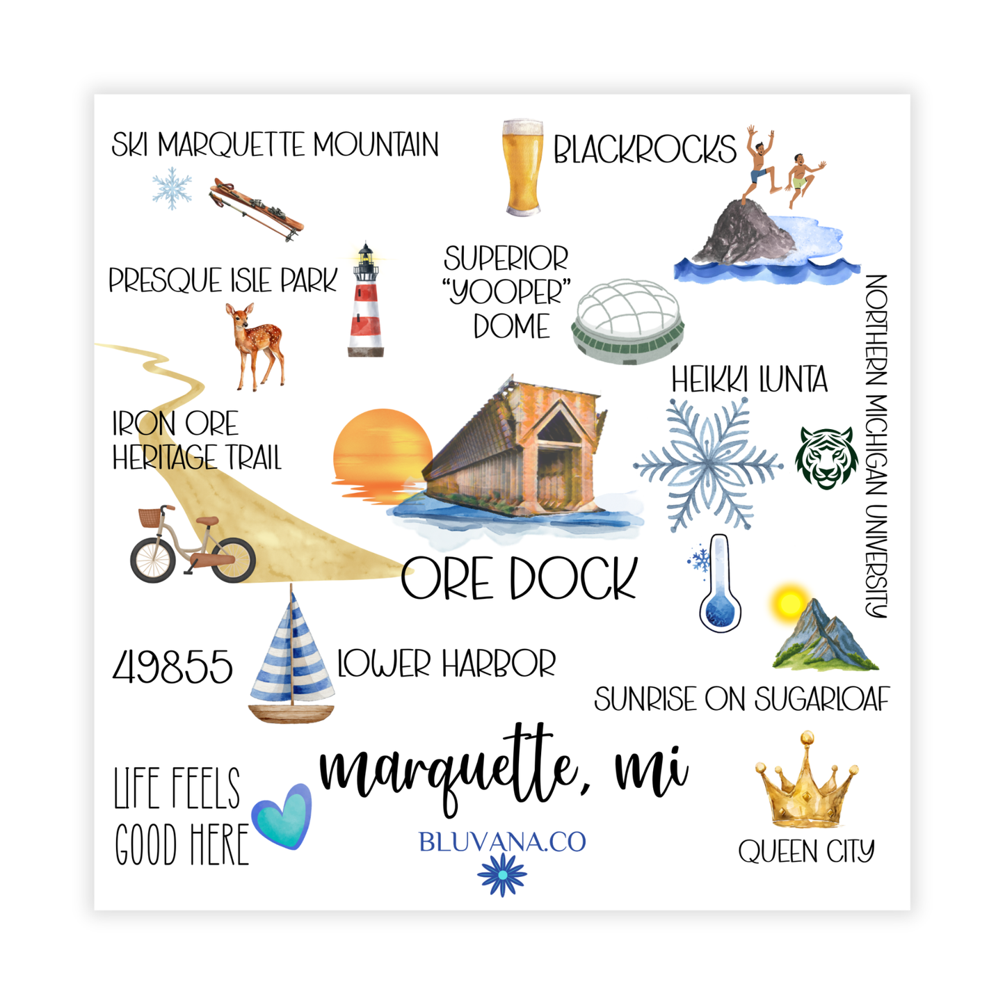 Colorful label depicting popular places in Marquette.
