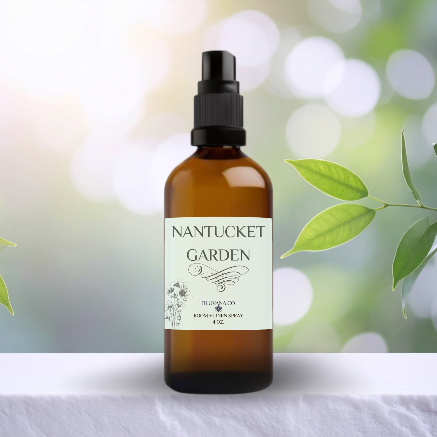 Brown spray bottle labeled 'Nantucket Garden' with green leaves in the background