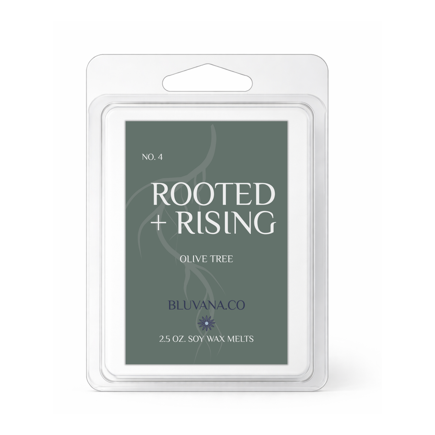 Bluvana Co. Rooted + Rising olive tree soy wax melts packaging on a white background