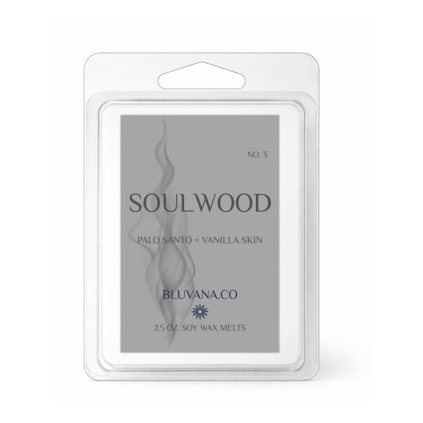 Bluvana Co. Soulwood soy wax melts packaging on a white background