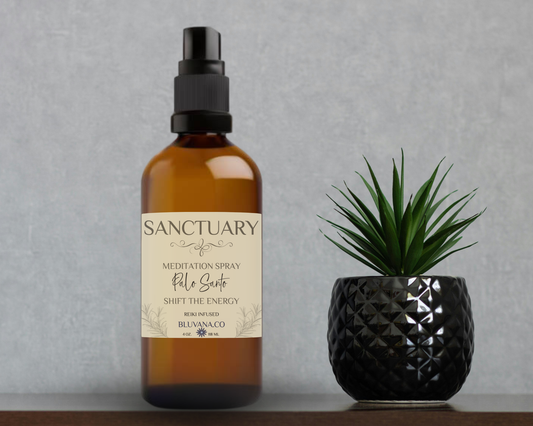 Sanctuary Meditation Spray bottle with a plant on a gray background
