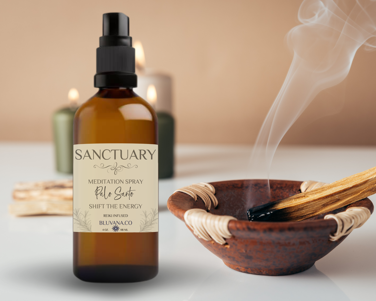 Sanctuary meditation spray bottle with incense bowl and smoke on a neutral background