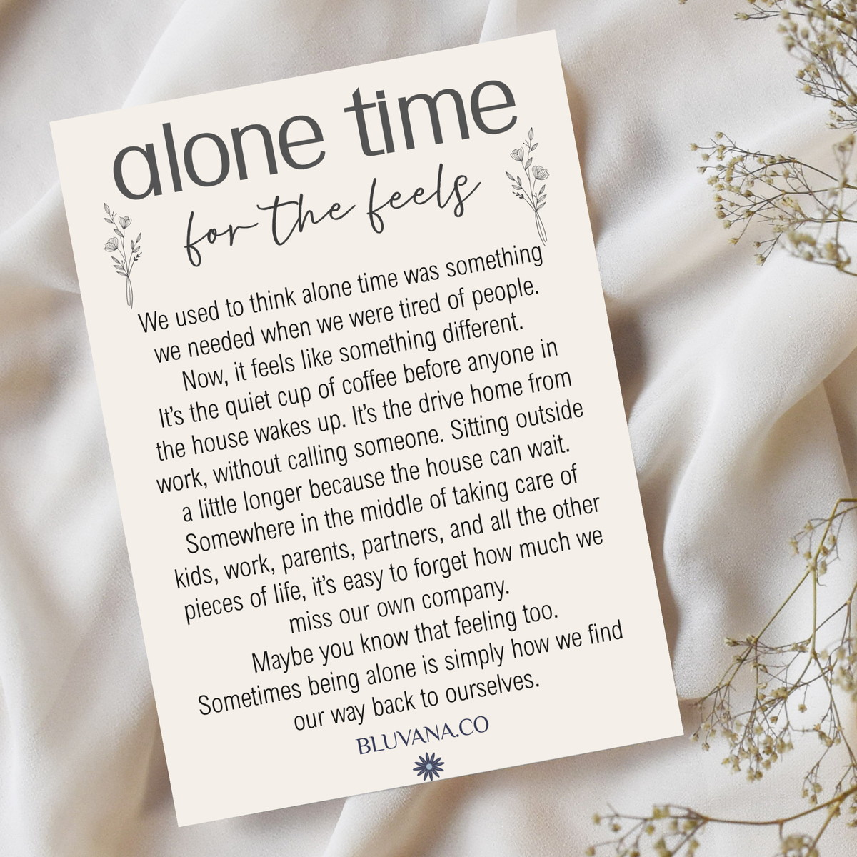 Image portrays a 4x6 postcard with an inspirational message with encouraging words, that is titled Alone Time for the feels. 