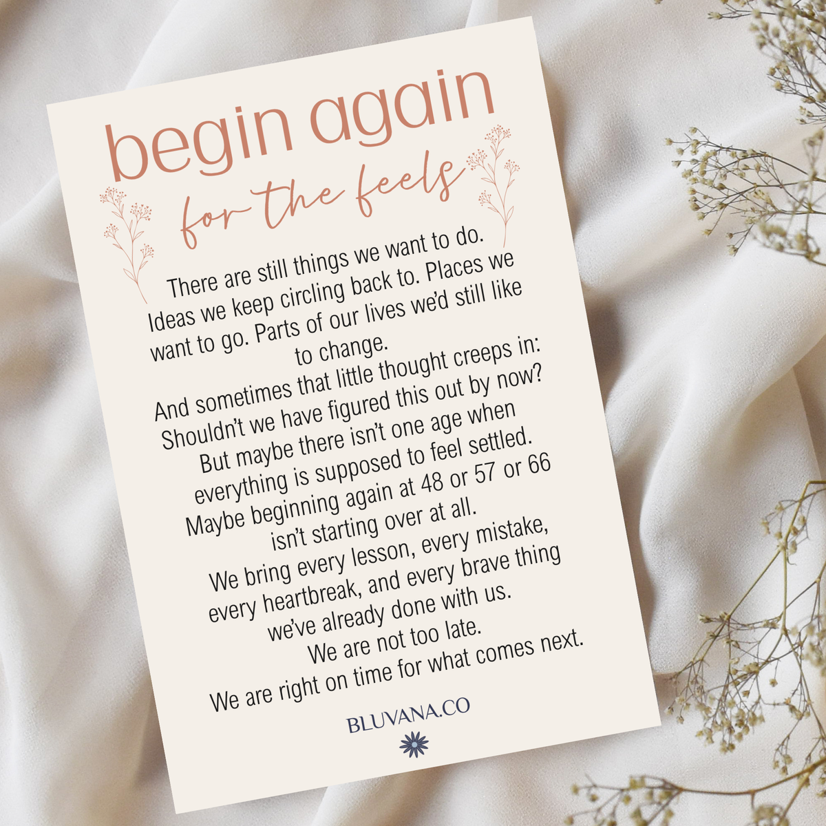Image portrays a 4x6 postcard with an inspirational message with encouraging words, that is titled Begin Again for the feels. 