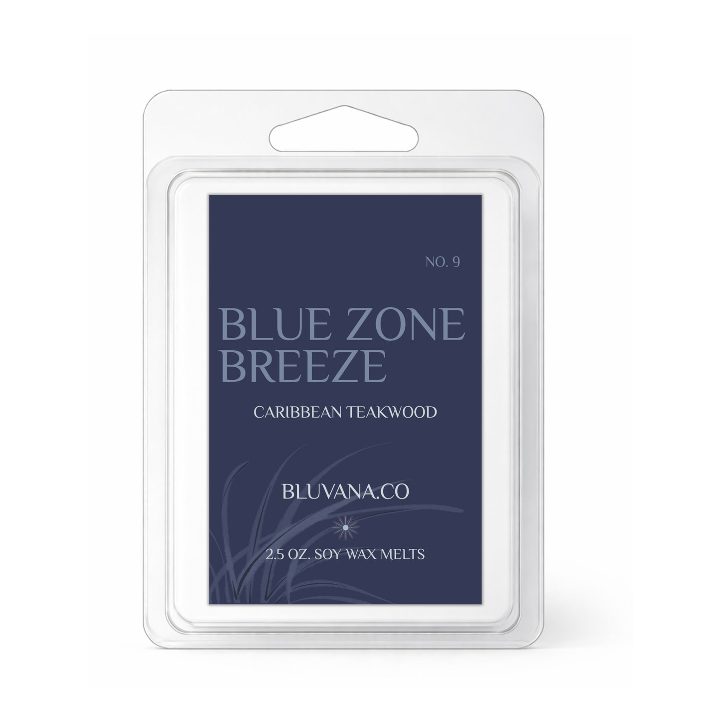 Bluvana Co. Blue Zone Breeze Caribbean Teakwood soy wax melt packaging on a white background