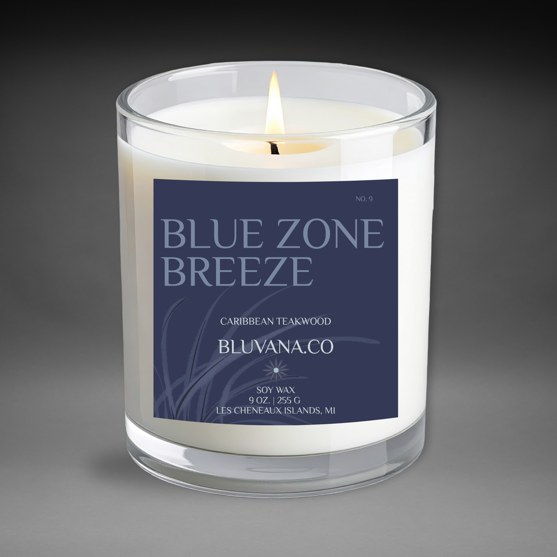 Candle in a glass jar with a blue label on a gray background