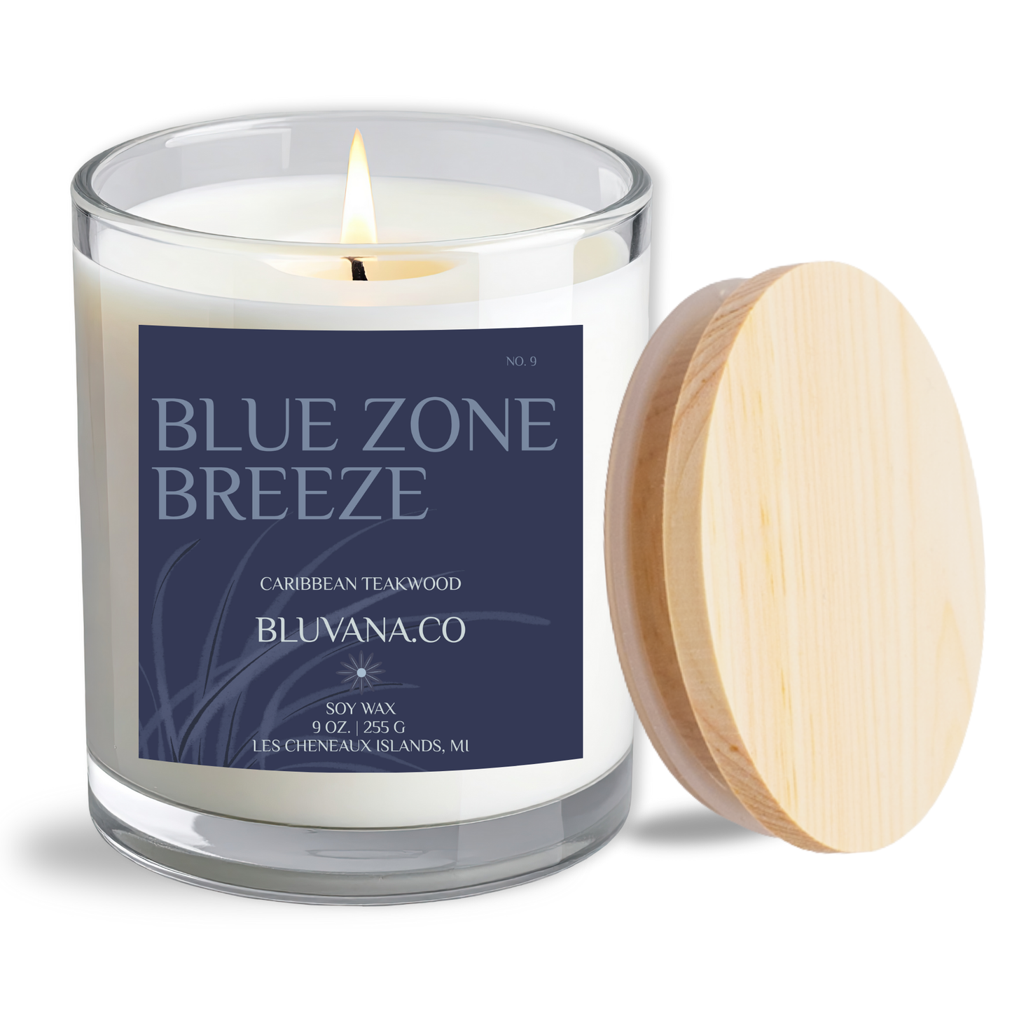 Candle with a label reading 'Blue Zone Breeze' by Bluvana Co., featuring a wooden lid.