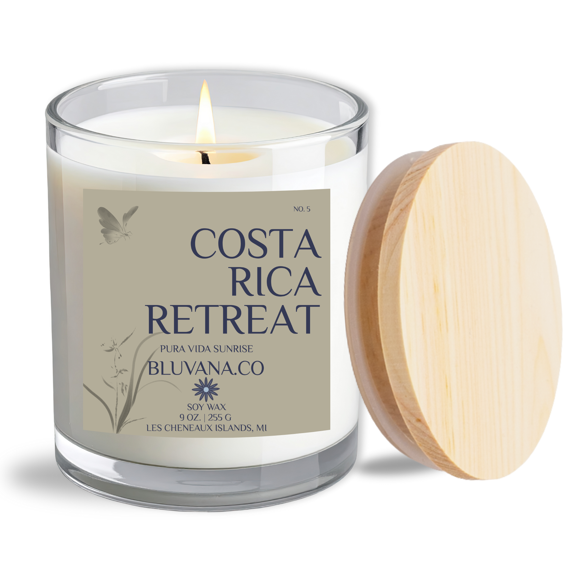 Candle in a glass jar with a wooden lid, labeled 'Costa Rica Retreat' on a white background.