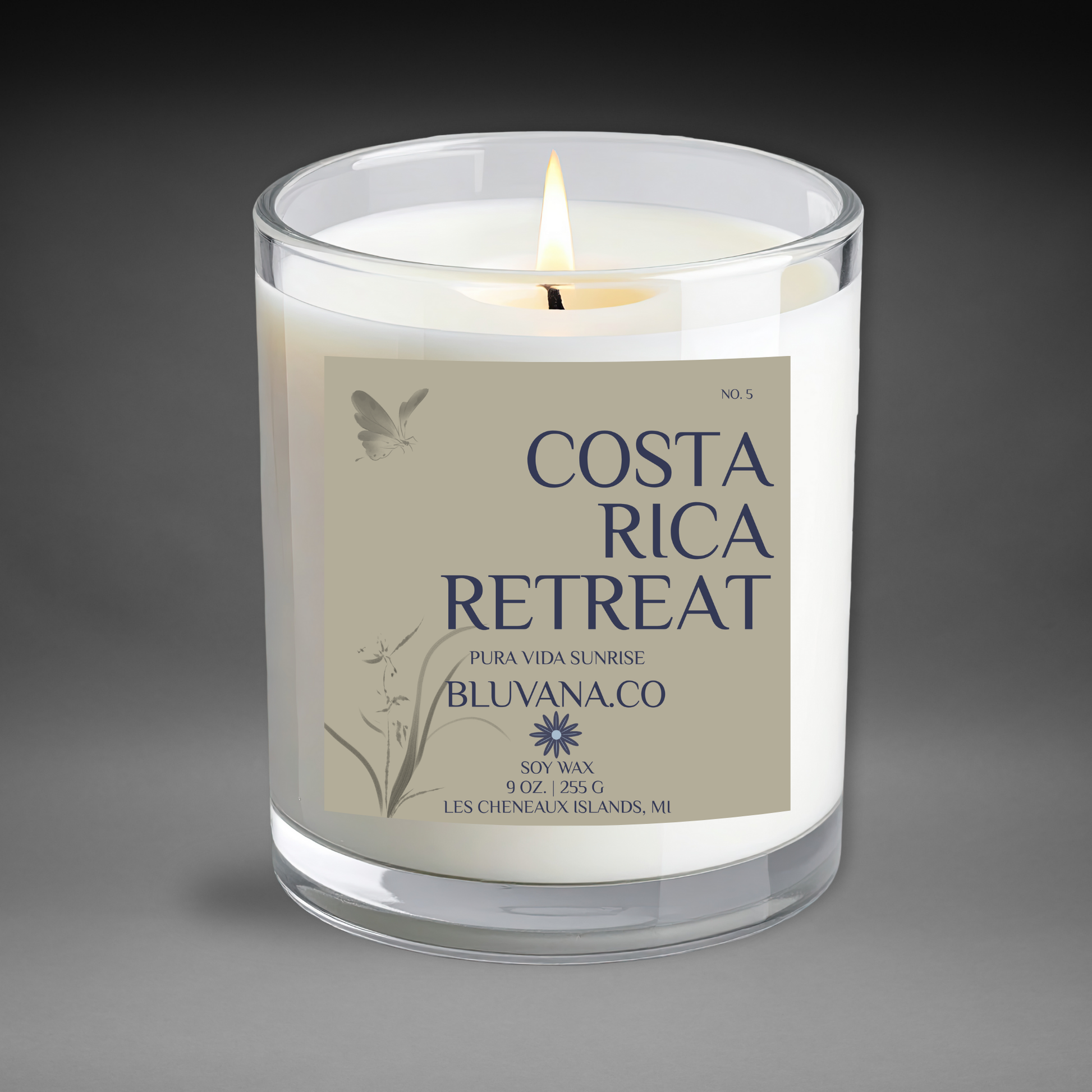 Candle in a glass jar with a label reading 'Costa Rica Retreat' by Bluvana Co.