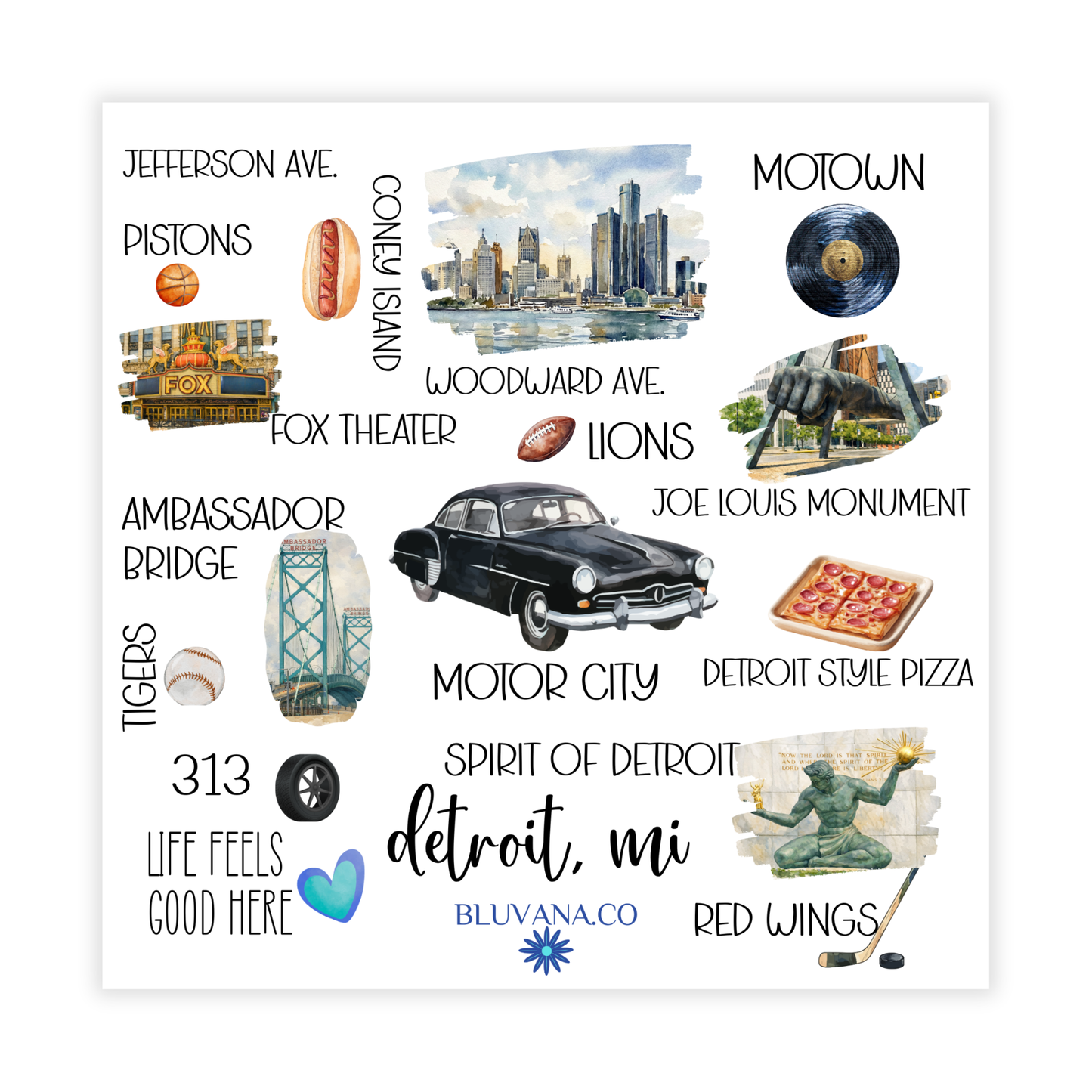 Colorful candle label depicting popular places in Detroit 