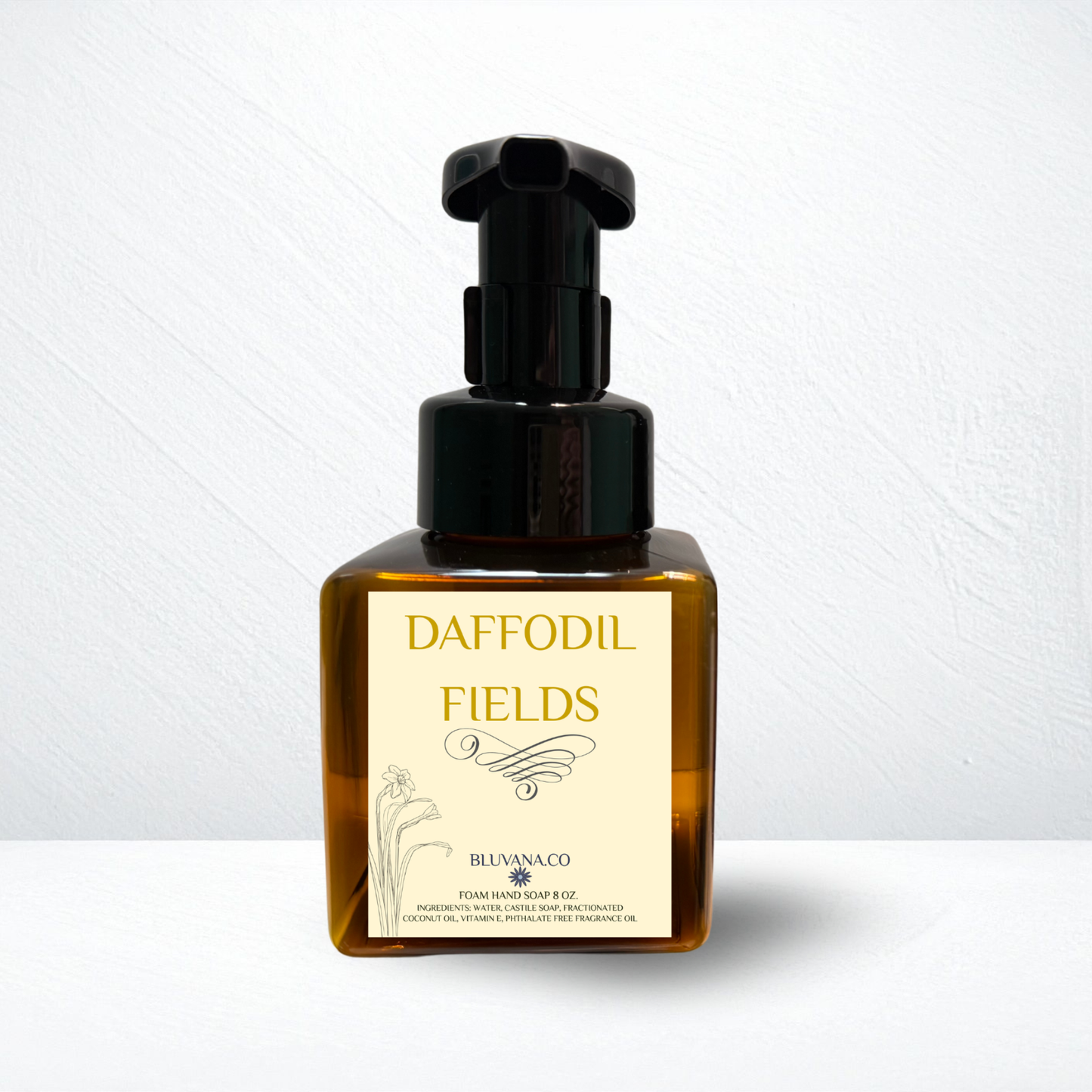 Bottle of Daffodil Fields soap on a white background