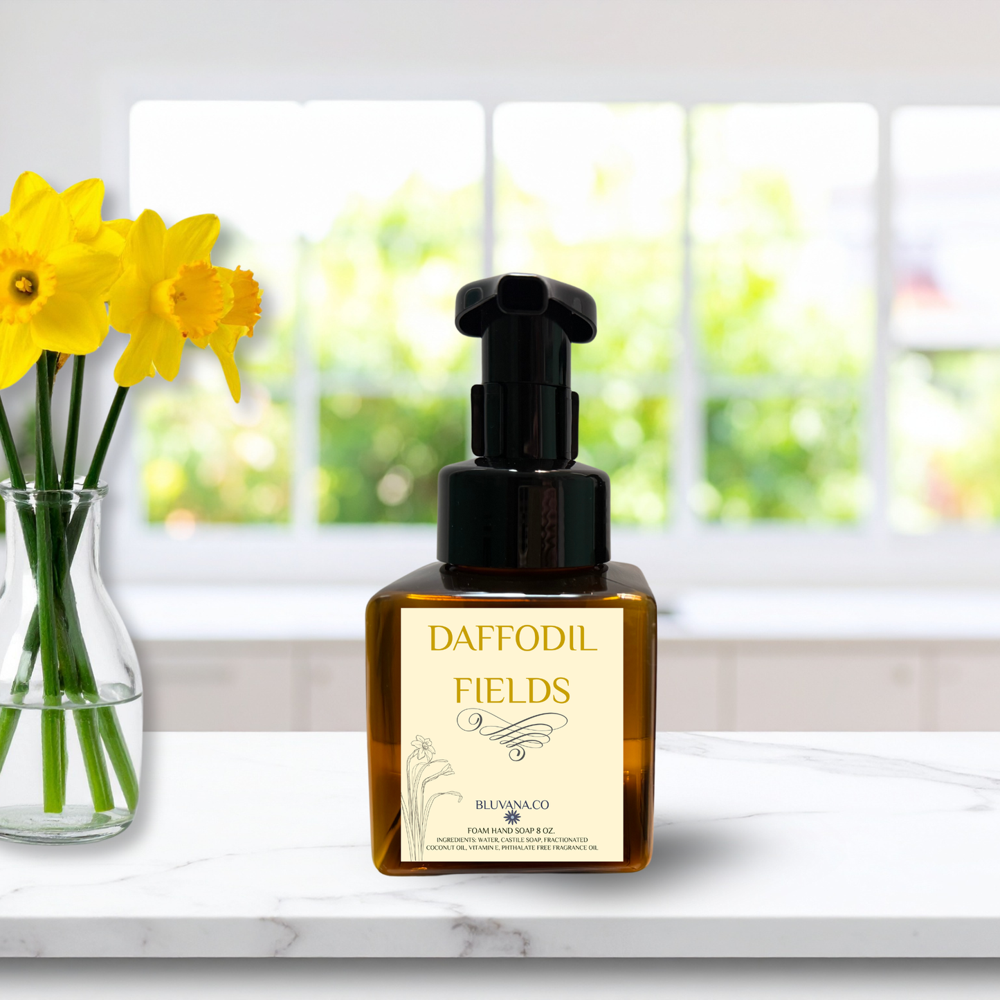 Bottle of 'Daffodil Fields' with a vase of yellow flowers on a light surface.