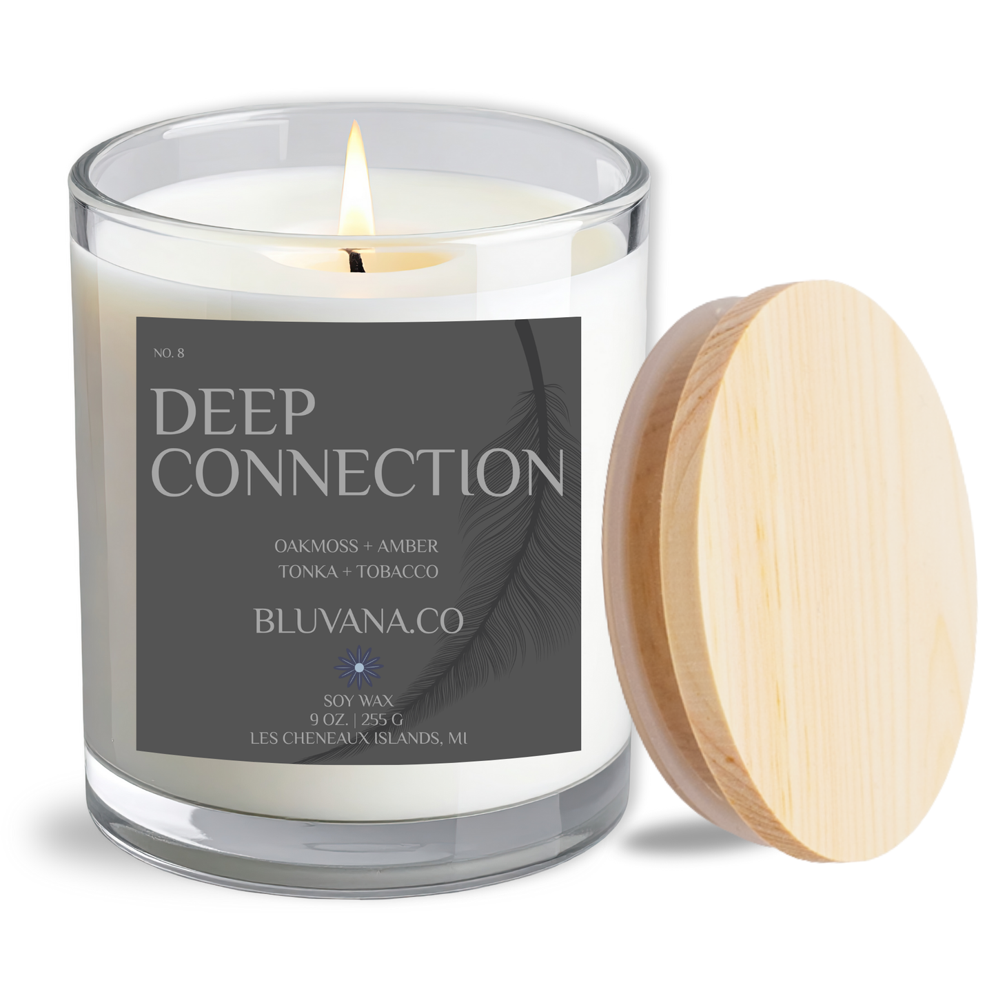 Candle with a wooden lid labeled 'Deep Connection' by BLUVANA.CO on a white background