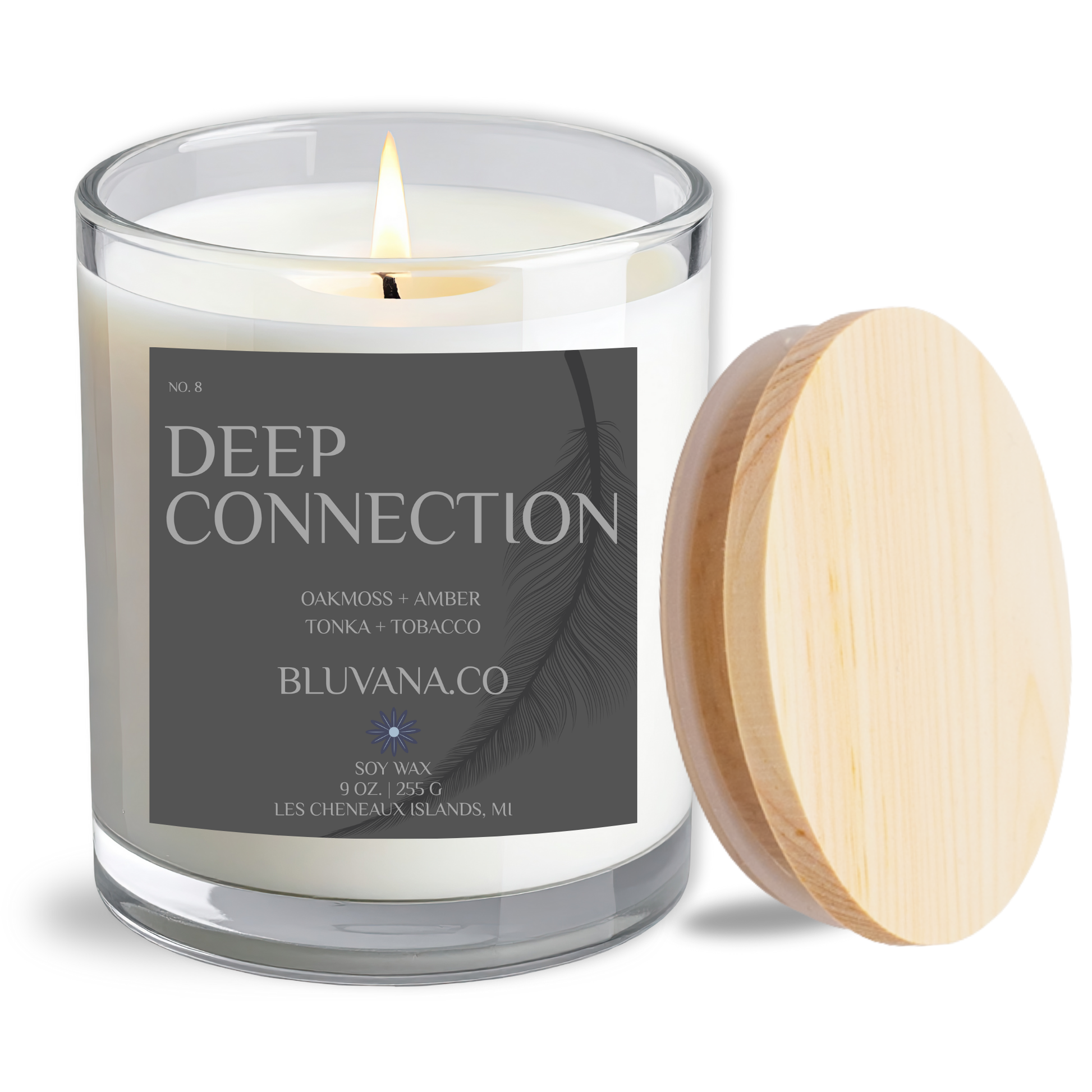 Candle with a wooden lid labeled 'Deep Connection' by BLUVANA.CO on a white background