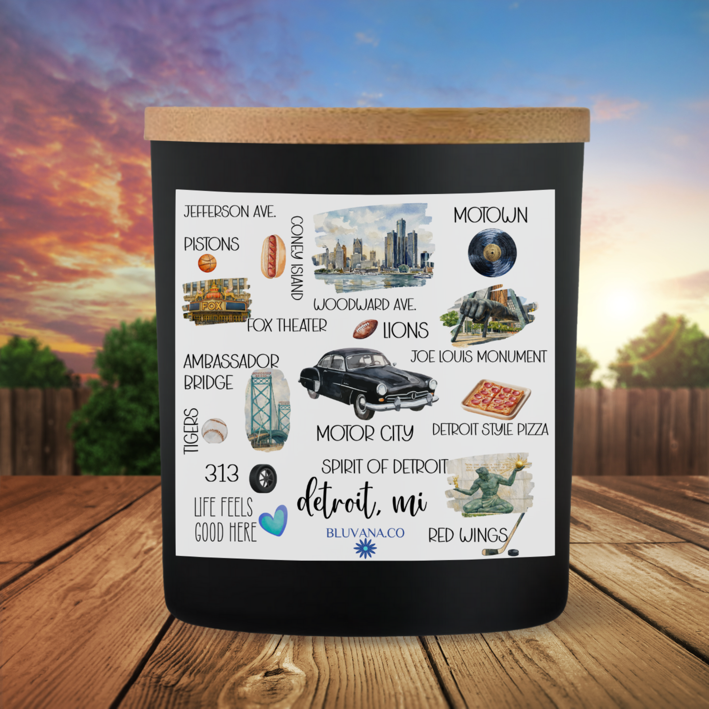 Detroit candle on a colorful background