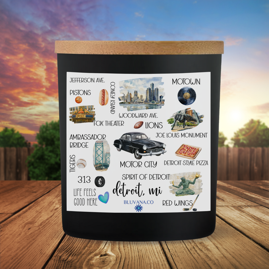 Detroit candle on a colorful background