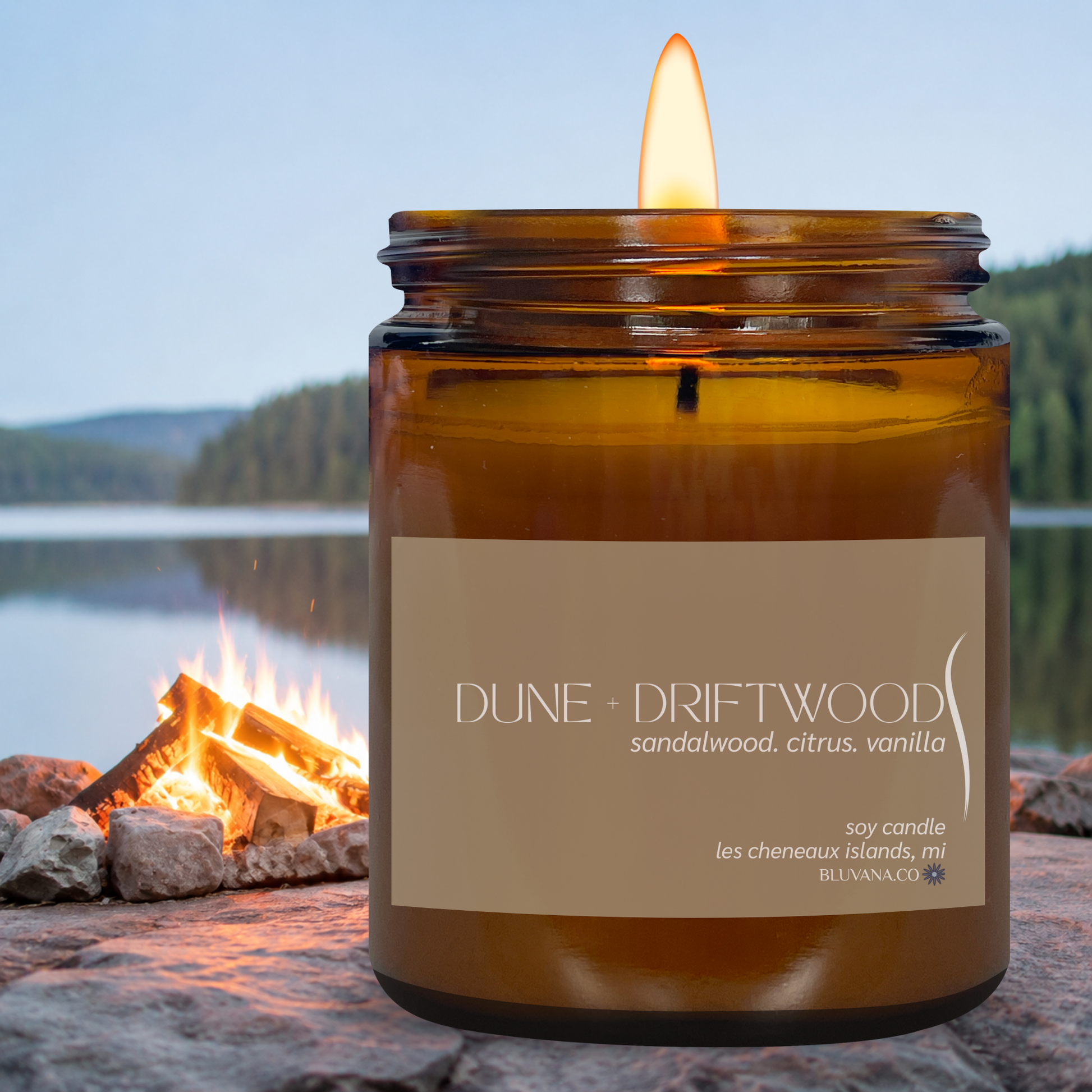 amber jar with tan label describing scent of candle