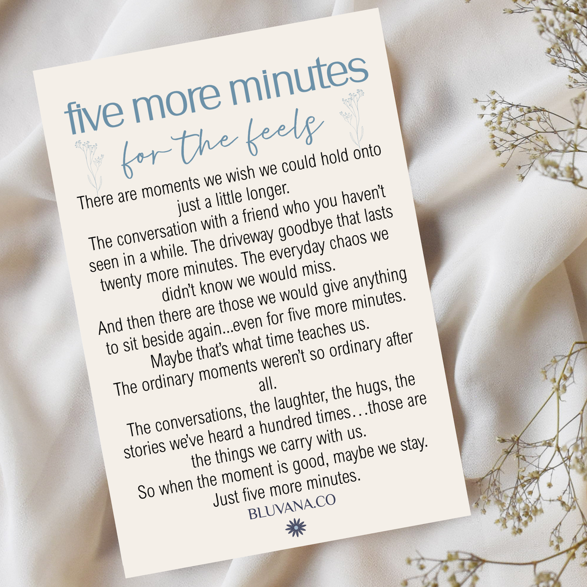 Image portrays a 4x6 postcard with an inspirational message with encouraging words, that is titled Five More Minutes for the feels. 