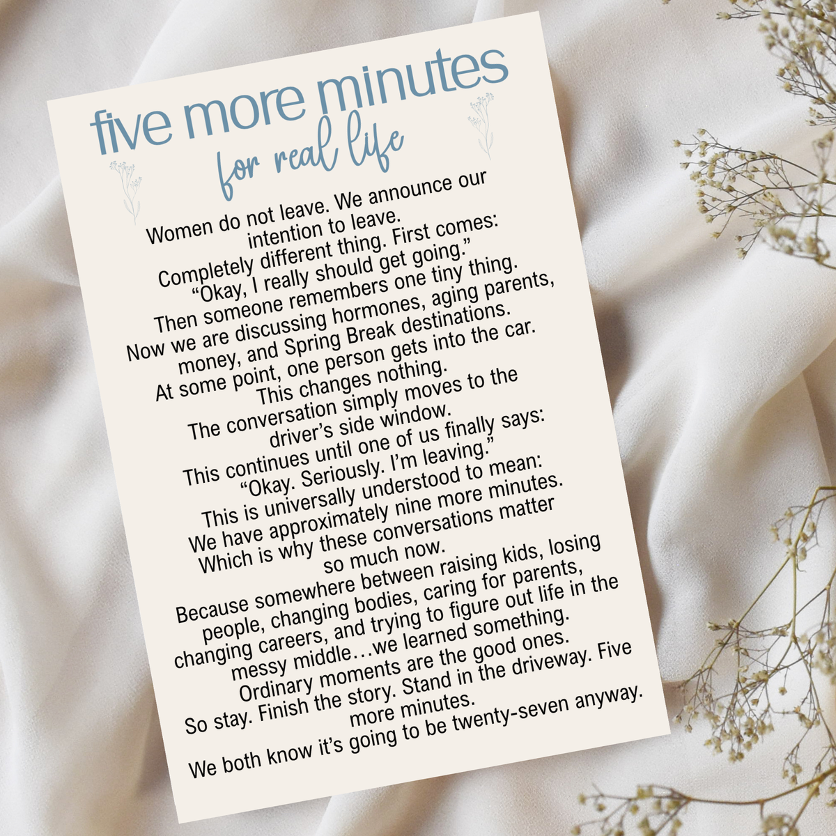 Image portrays a 4x6 postcard with a funny message with humor, that is titled Five More Minutes for real life. 