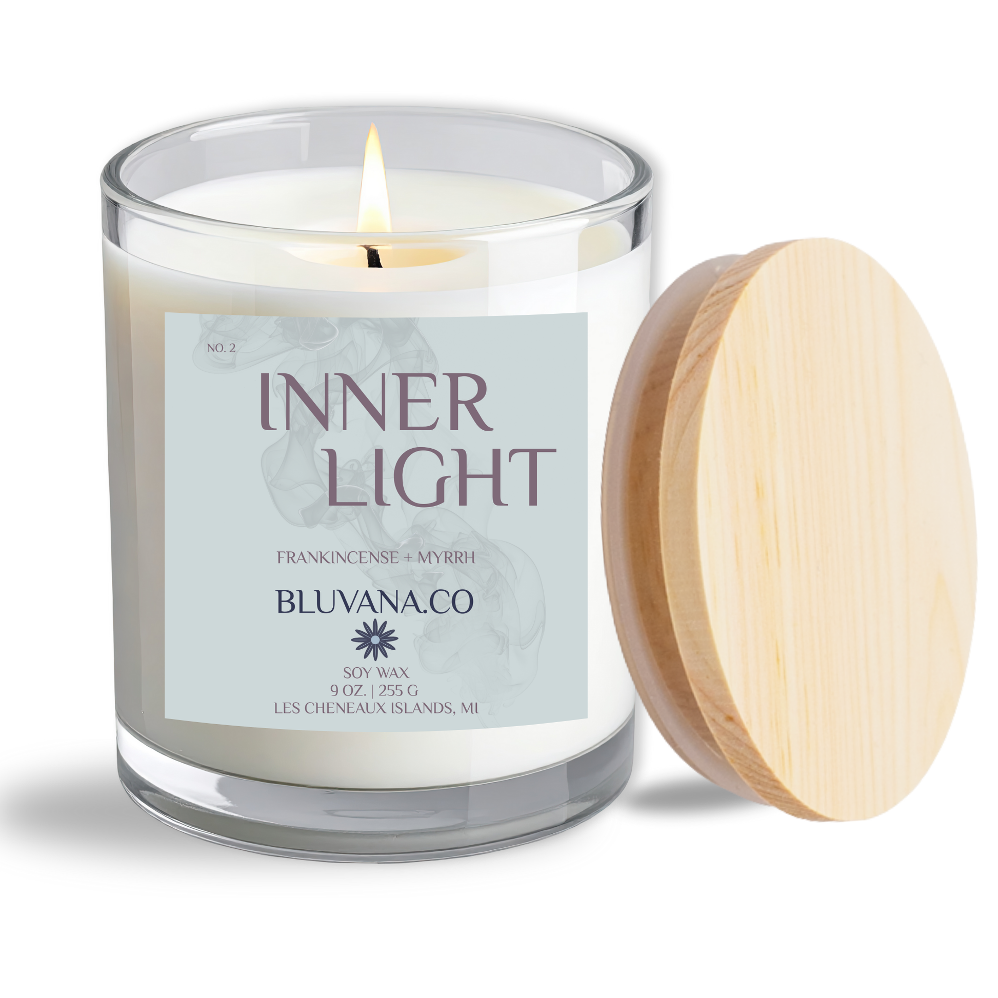 Candle in a glass jar with a wooden lid, featuring the brand 'Bluvana & Co.'