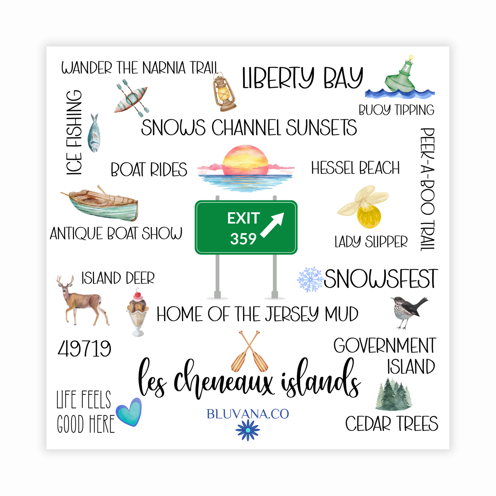Colorful label depicting famous places in the Les Cheneaux Islands