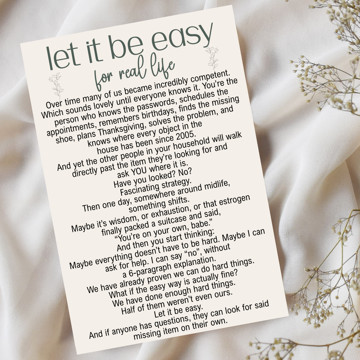Image portrays a 4x6 postcard with an inspirational message with encouraging words, that is titled Let It Be Easy for the feels. 