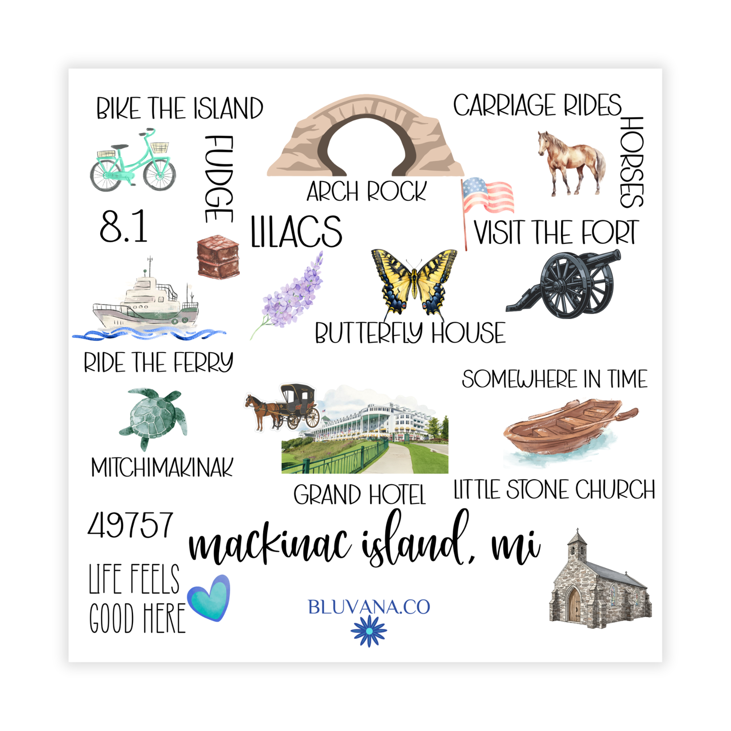 Colorful candle label depicting popular places on Mackinac Island