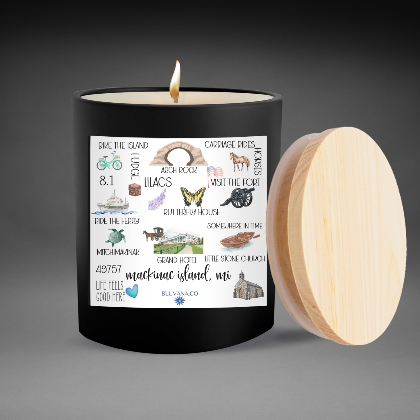 Candle with a wooden lid featuring illustrations and text on a gray background