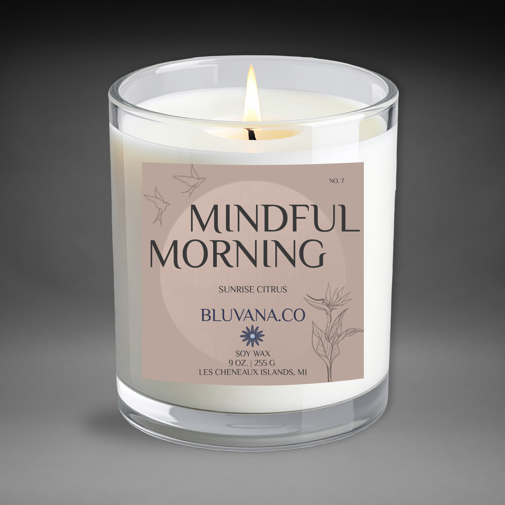 Candle labeled 'Mindful Morning' by Bluvana Co on a dark background