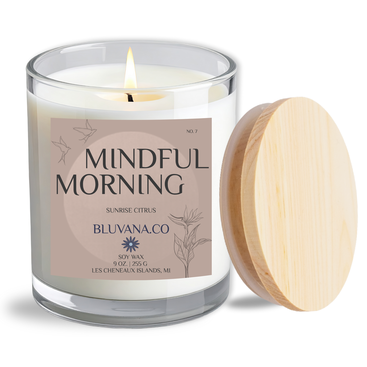 Candle labeled 'Mindful Morning' by Bluvana Co with a wooden lid on a white background