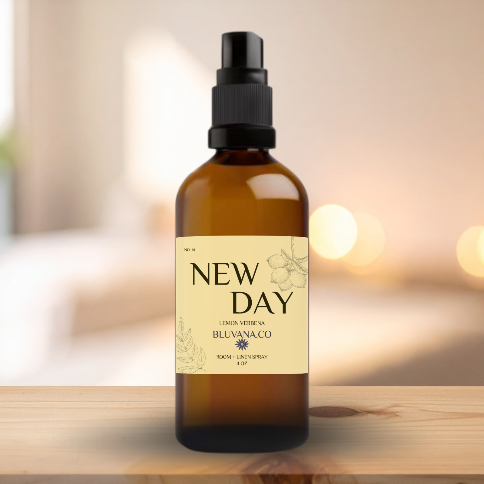 Brown spray bottle labeled 'New Day' on a wooden surface with a blurred background