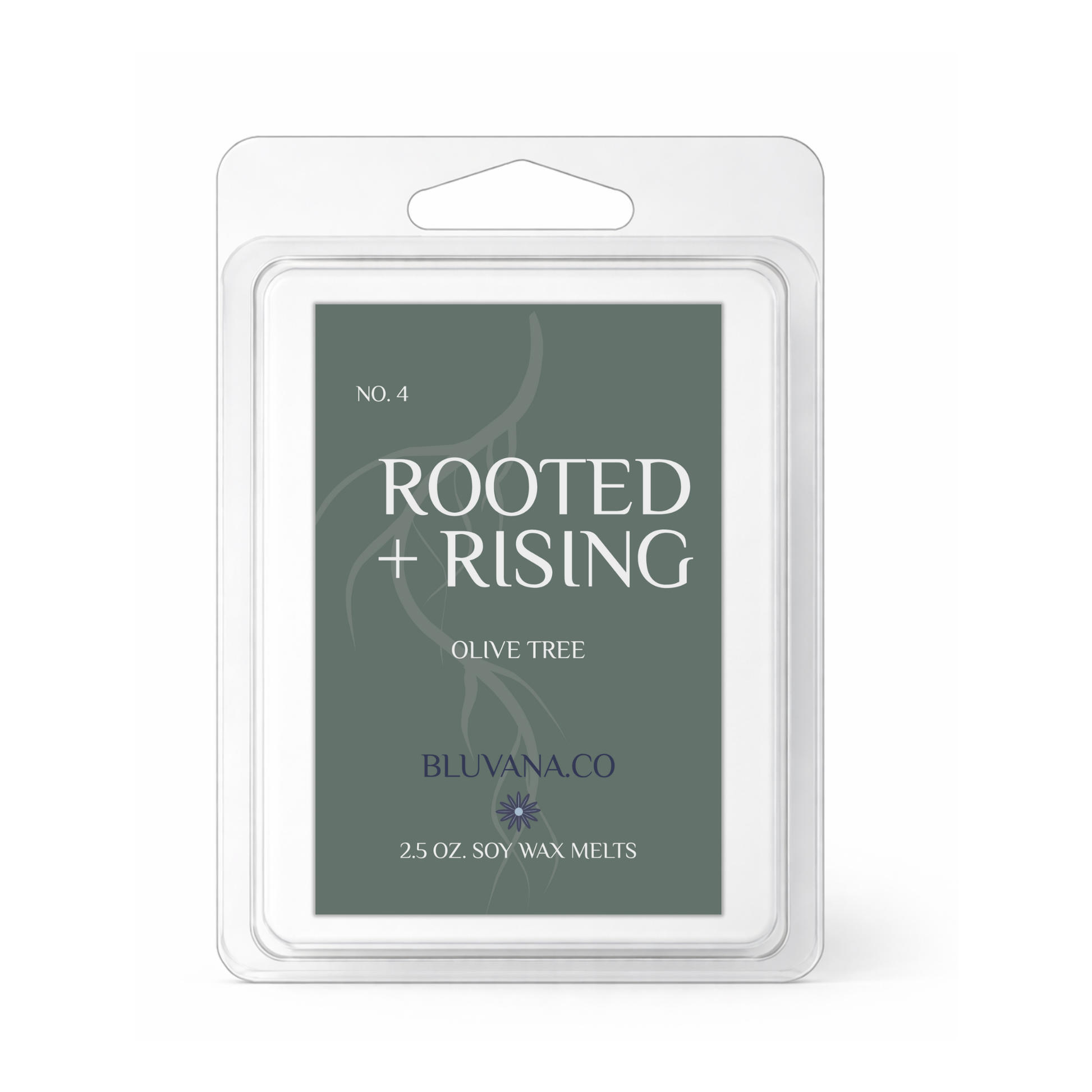 Bluvana Co. Rooted + Rising olive tree soy wax melts packaging on a white background