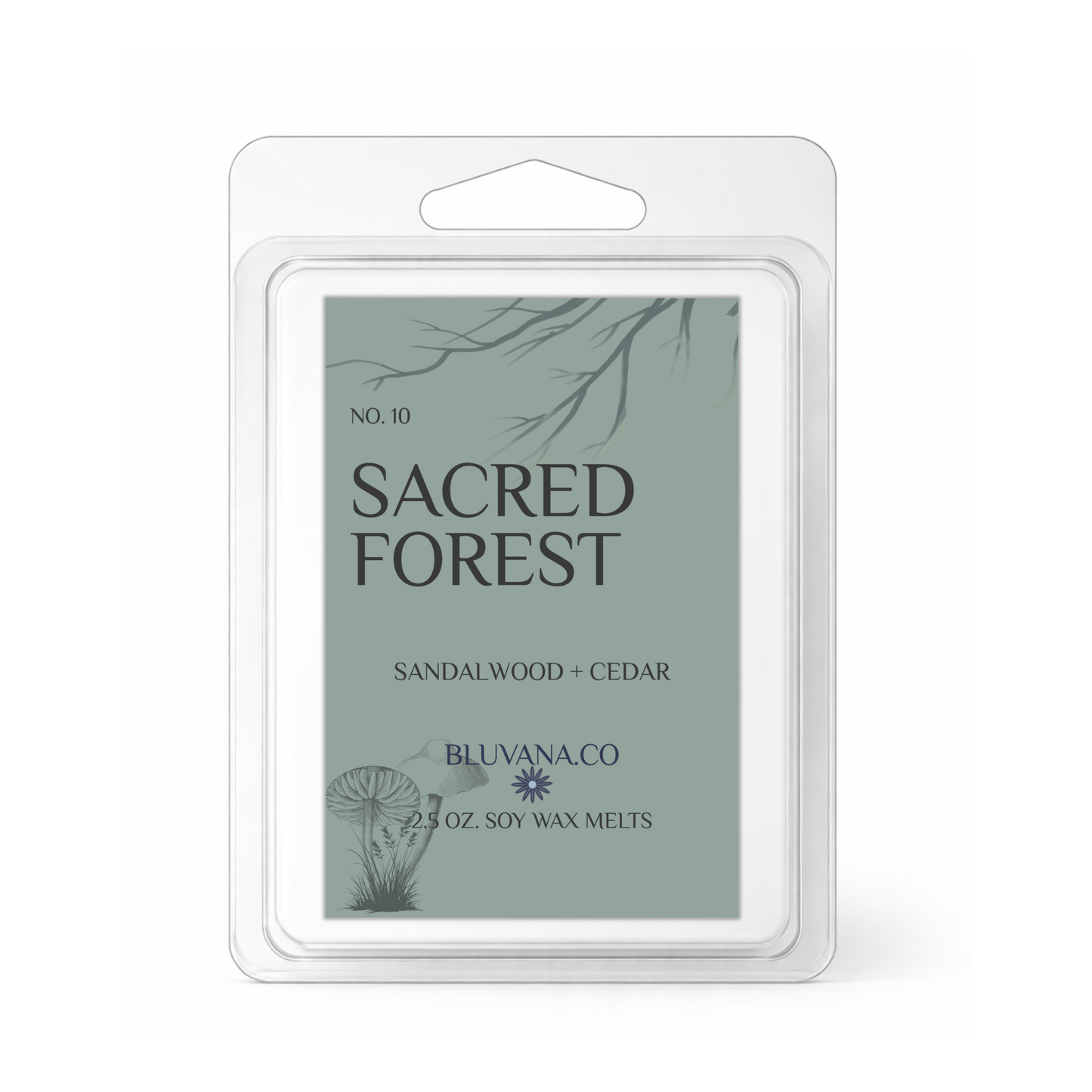 Pack of Bluvana Co. Sacred Forest sandalwood and cedar wax melts on a white background