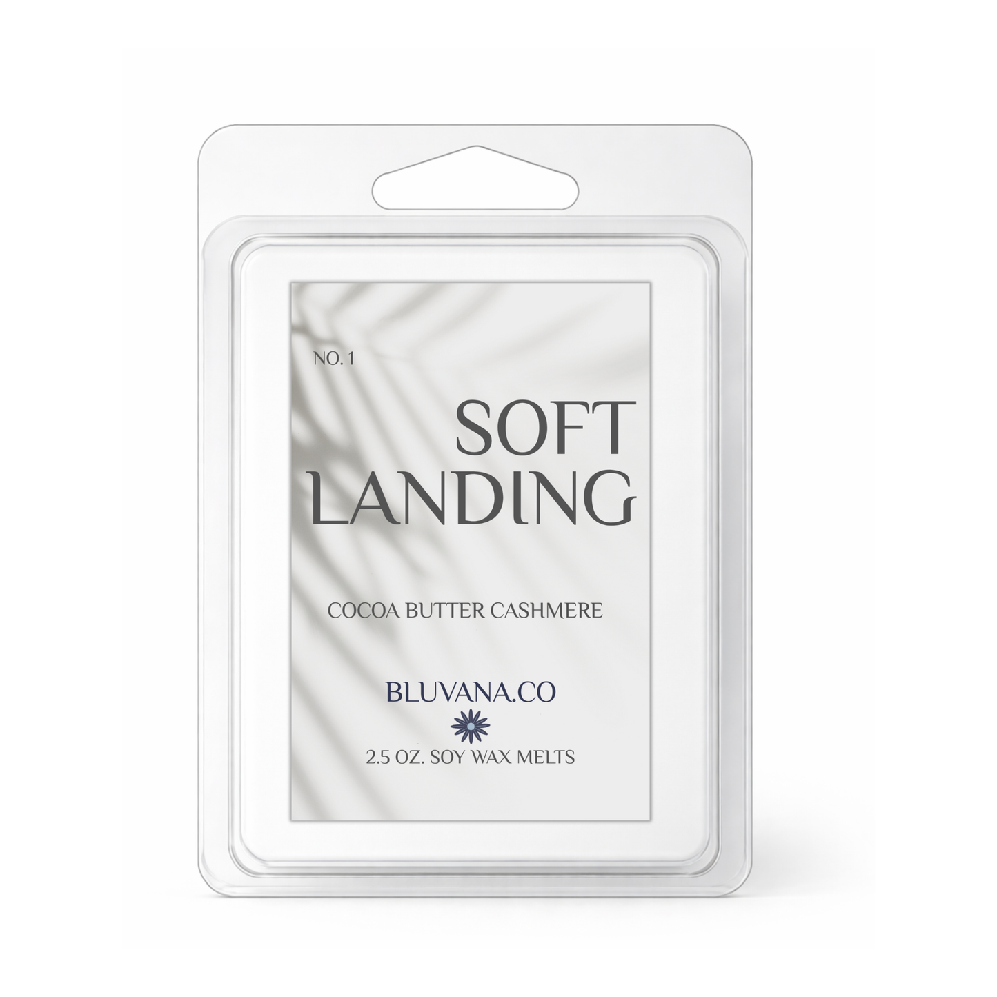 Bluvana.co Soft Landing cocoa butter cashmere soy wax melts packaging on a white background