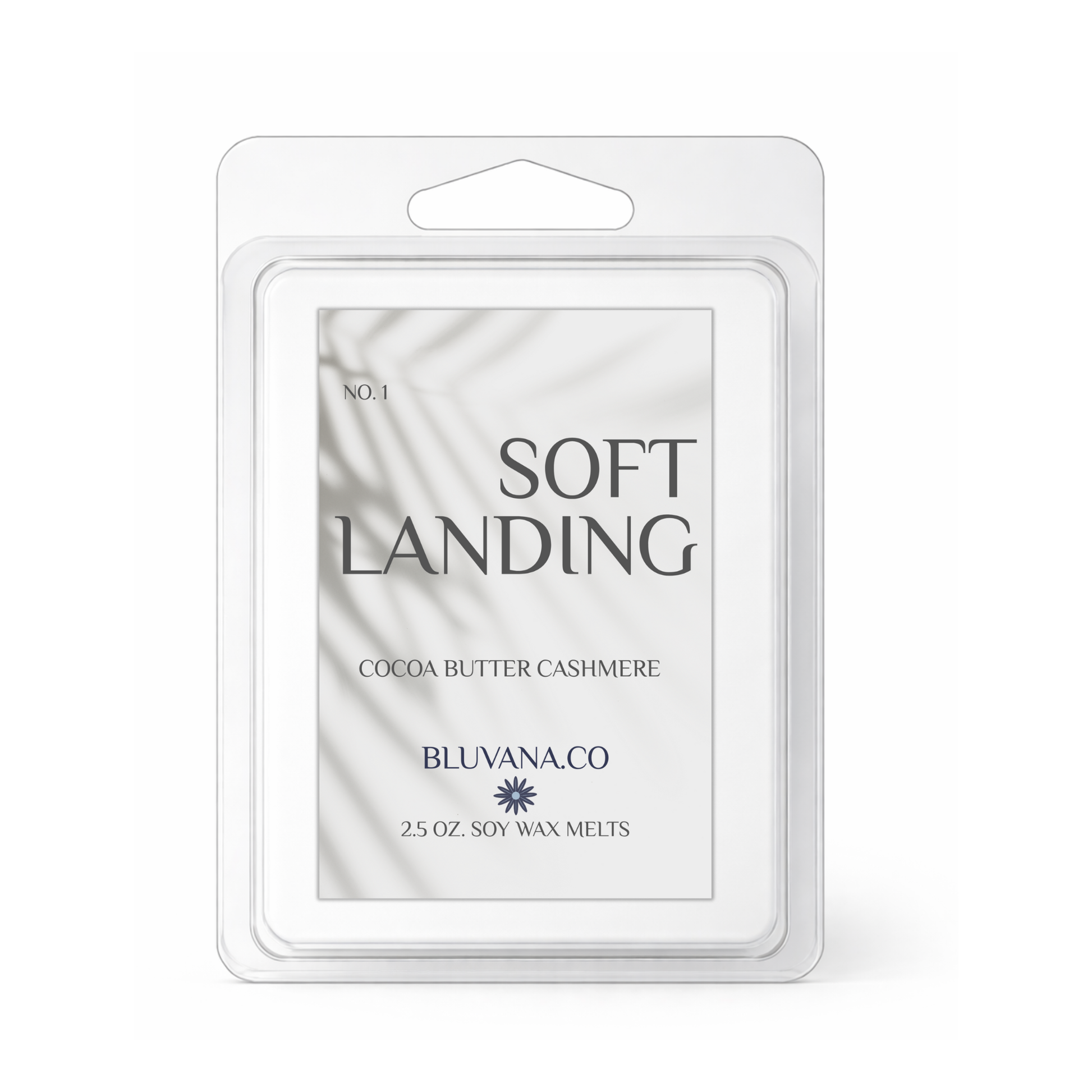 Bluvana.co Soft Landing cocoa butter cashmere soy wax melts packaging on a white background