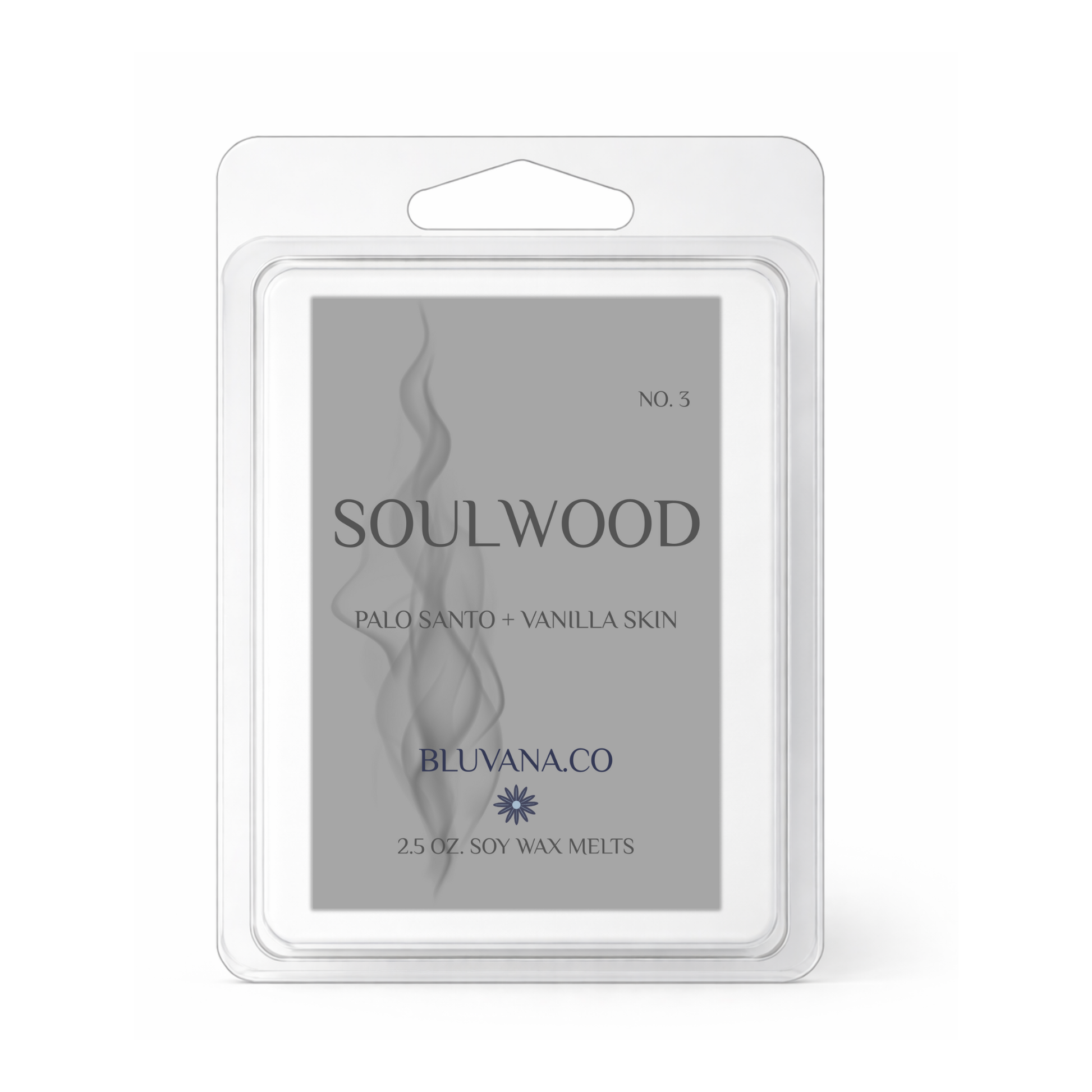 Bluvana Co. Soulwood soy wax melts packaging on a white background