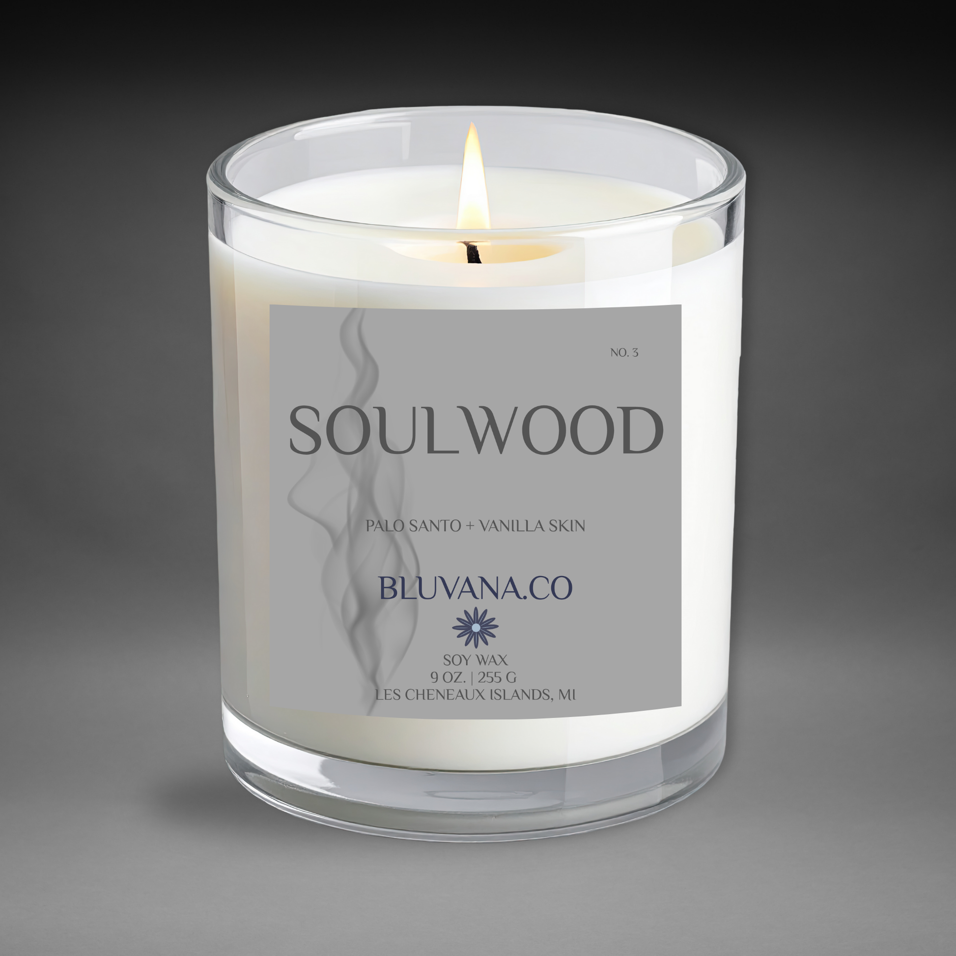 Soulwood candle with a gray label on a dark background