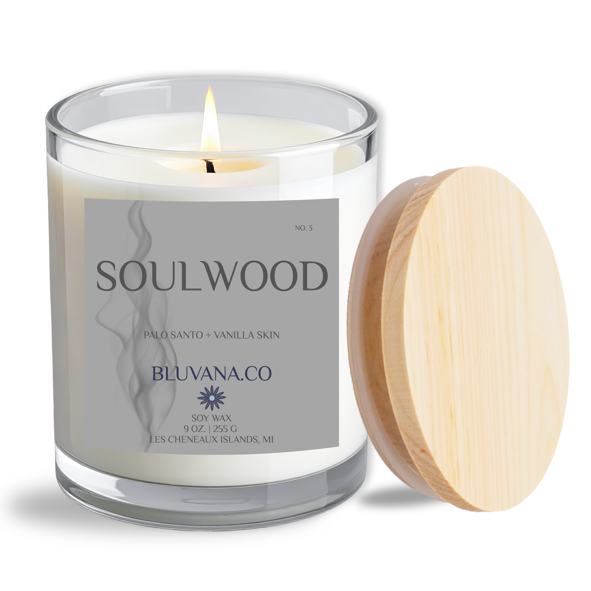 Scented candle with a wooden lid labeled 'Soulwood' by Bluvana Co on a white background.