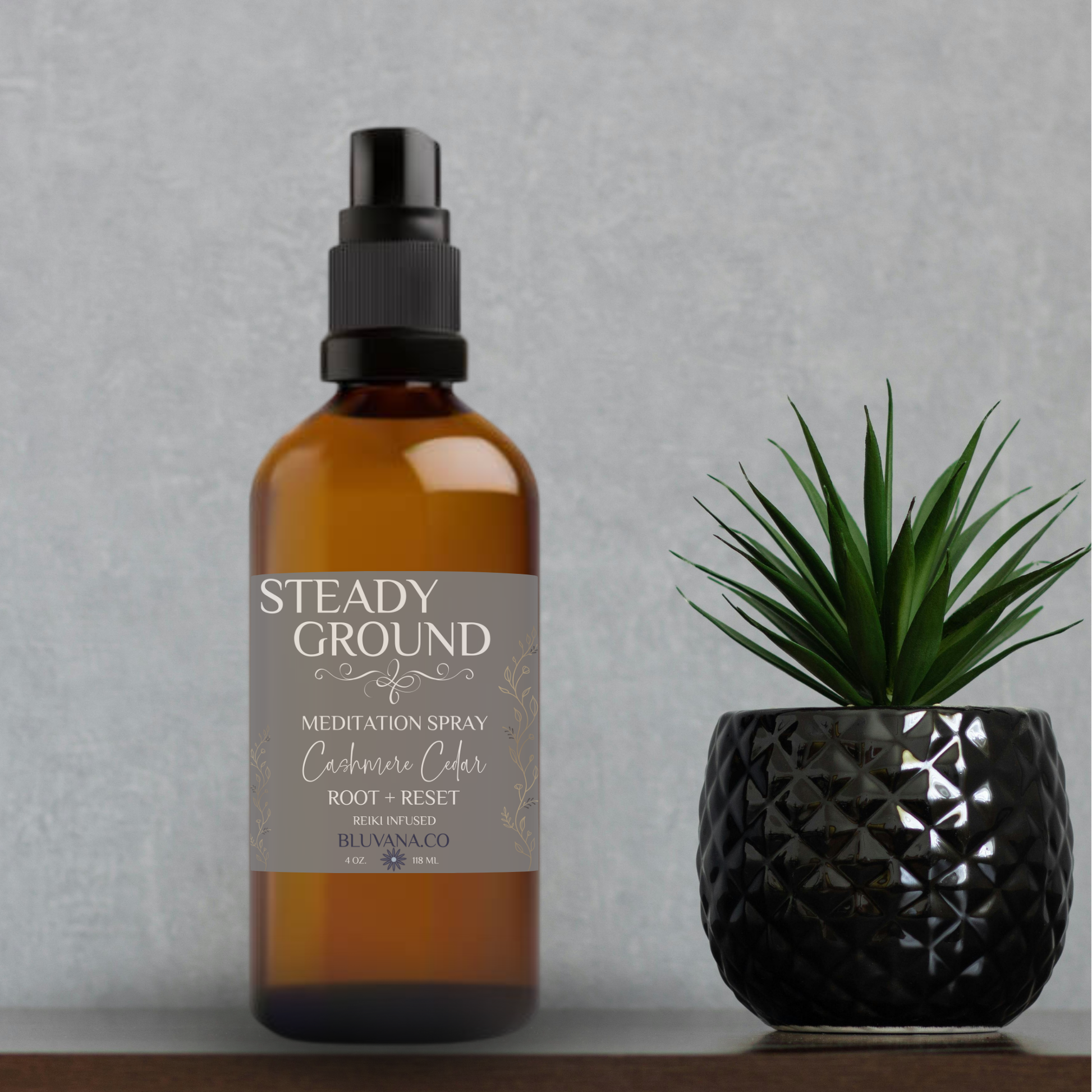 Bottle of 'Steady Ground' meditation spray next to a potted plant on a neutral background