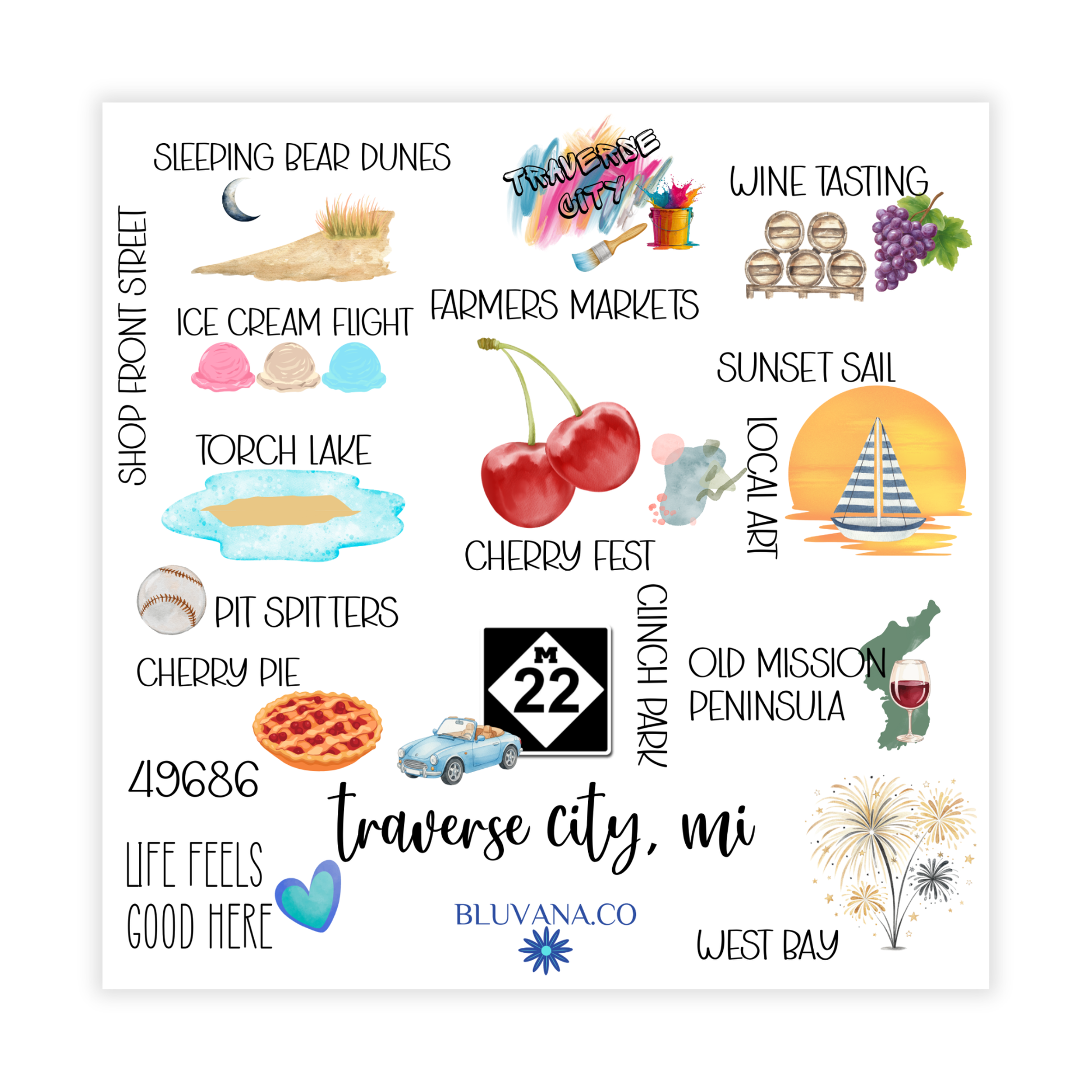 Illustrated poster of Traverse City, MI with various icons and text.