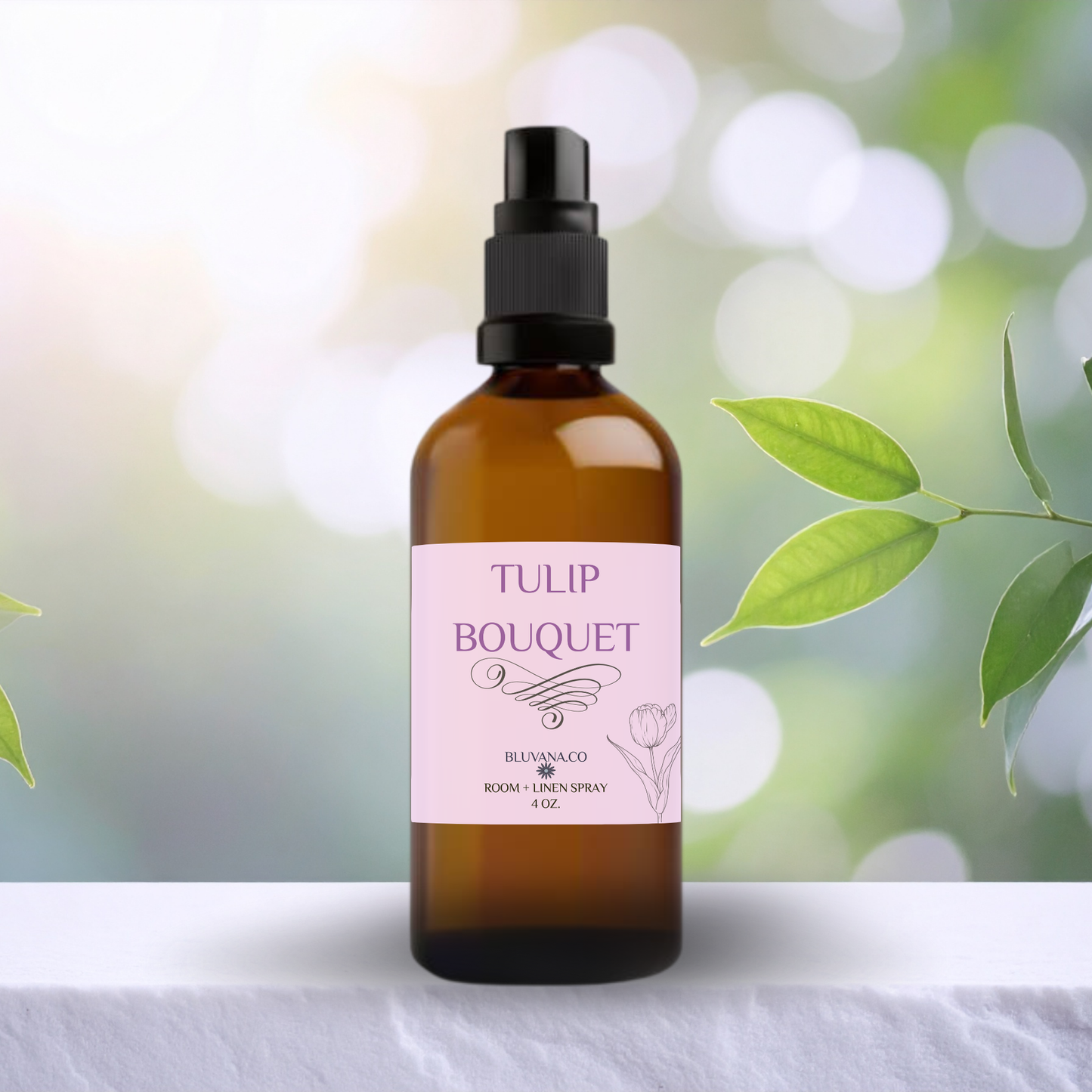 Brown spray bottle labeled 'Tulip Bouquet' with green leaves in the background