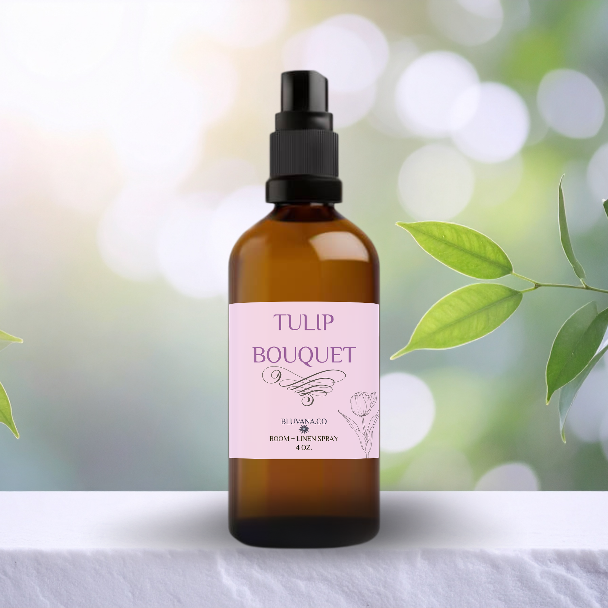 Brown spray bottle labeled 'Tulip Bouquet' with green leaves in the background