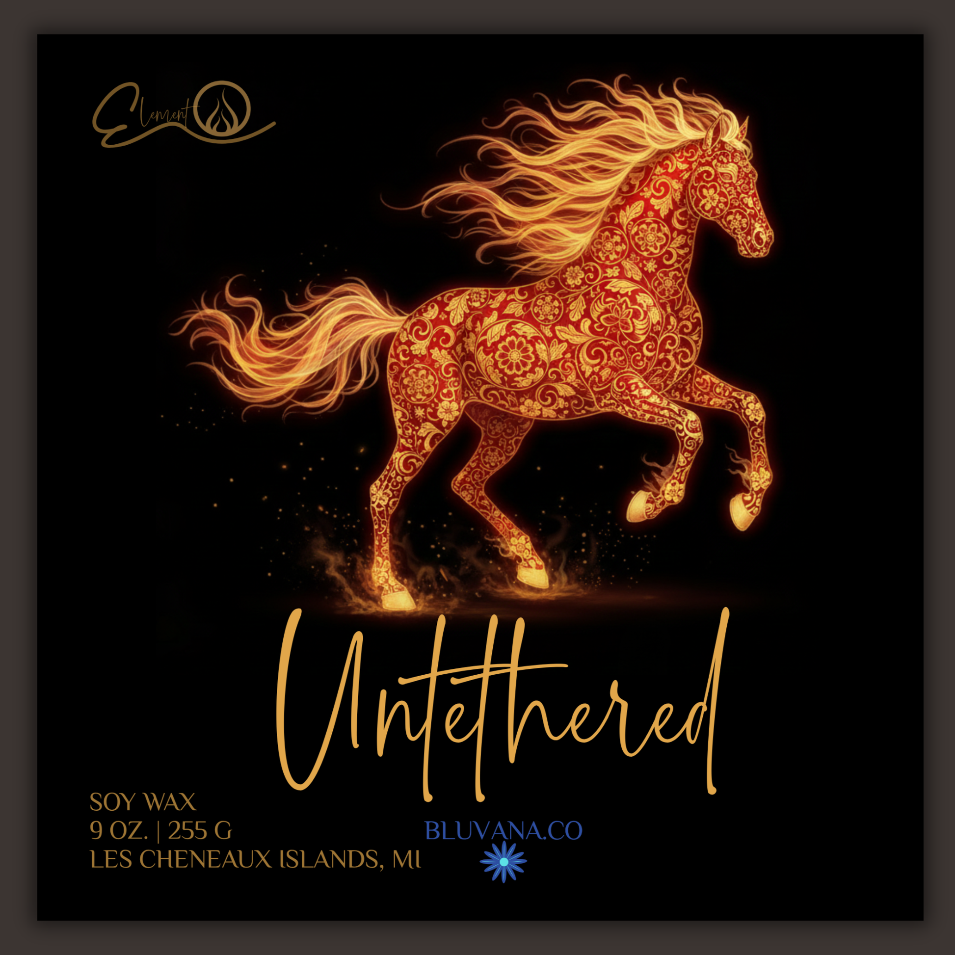 Decorative candle packaging with a horse design and 'Untethered' text on a black background.