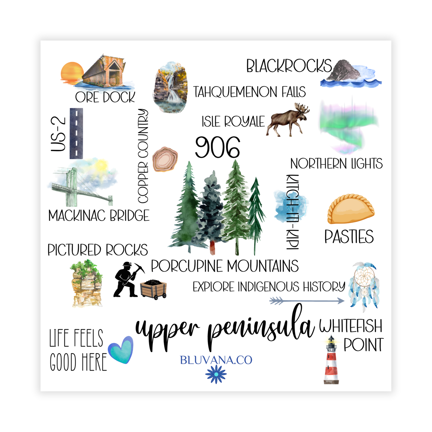 Illustrated map of the Upper Peninsula with various scenic and cultural icons.